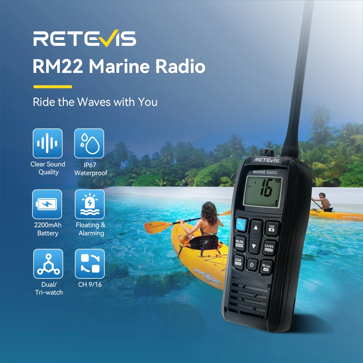 

Retevis RM22 Marine Walkie Talkie VHF 6W Long Distance IP67 Waterproof Floating Handheld Station Easy To Carry Two Way Radio