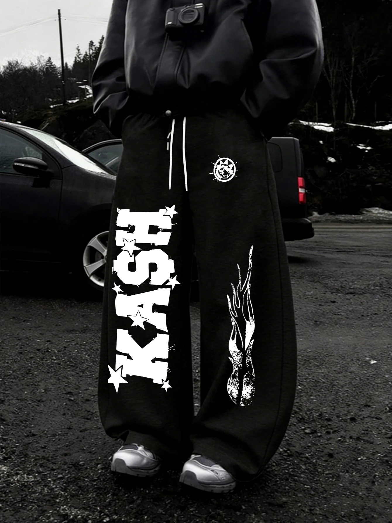 Men Y2K Dark Streetwear Sweatpants, KASH Bold Star Letter Distressed Flame Sun Badge Double Side Print DrawstringLooseBaggyPants