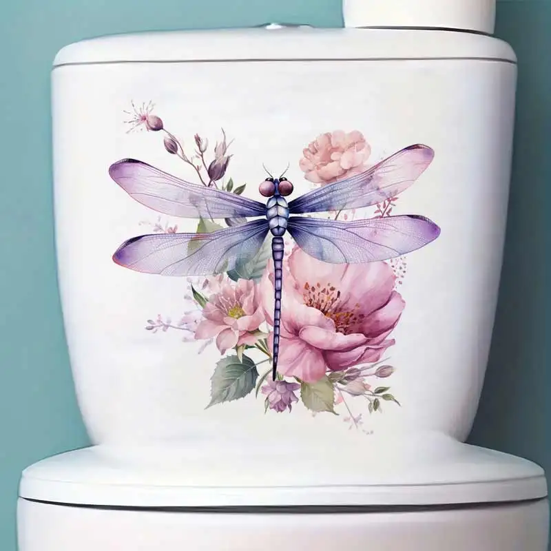Watercolor Dragonfly and Flowers Wall Sticker Toilet Decor Living Room Refrigerator Home Decoration Decals Stickers S953