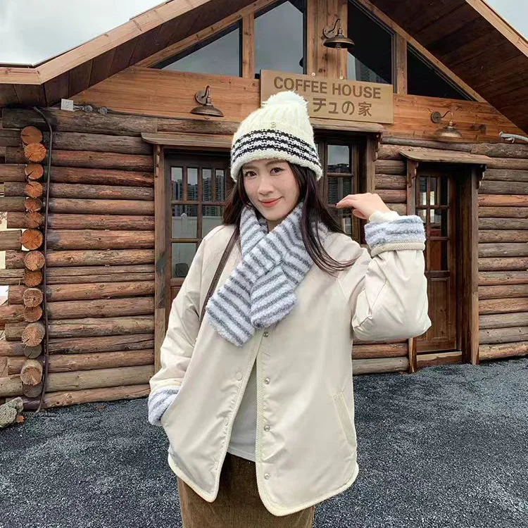 Korean Sweet Two Side Wear Padded Jacket Women Fleece Lined Thick Warm Parkas Woman Lazy Style Stripe Scarf Winter Jackets