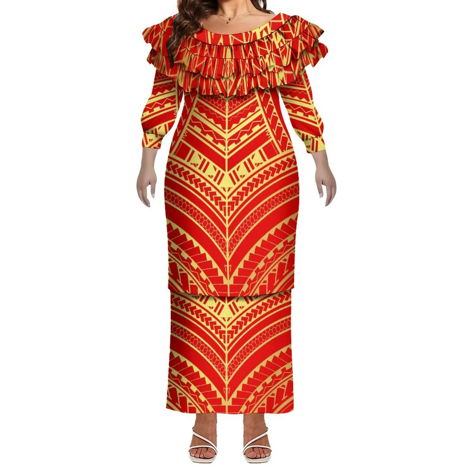 Novo atacado personalizado tripulação pescoço vestido de manga longa tonga samoan puletasi vestido senhoras dupla camada folho vestido casual duas peças