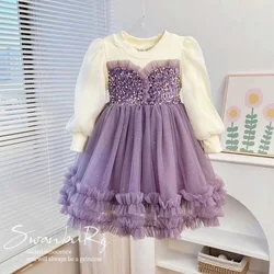 Dress Girls' Spring and Autumn2024Dress New Children's Birthday Sequined Fashionable Fleece-Lined Gauze Dress Princess Convex Sk