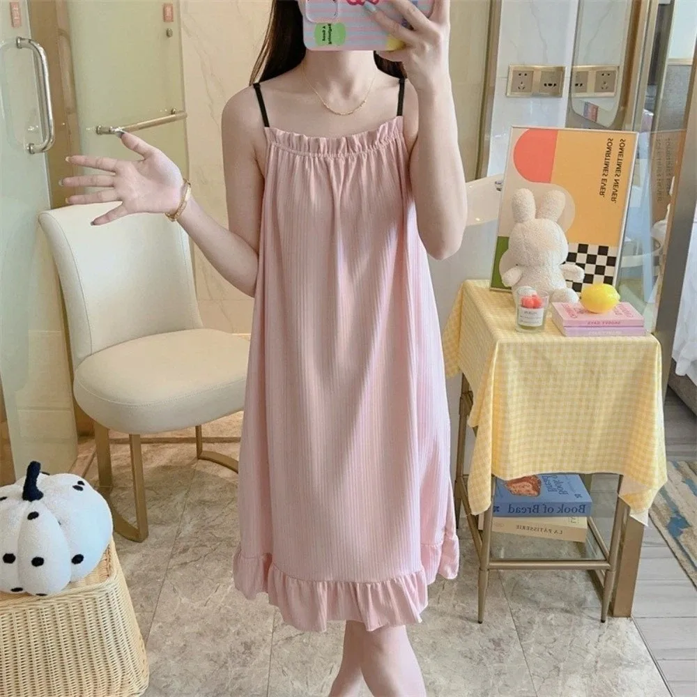 Casual Ruffled Simple Women Nightgown Loose Long Skirt Female Sling Nightdress Sweet Sleepwear Girl Pajama Dress Ladies Dress