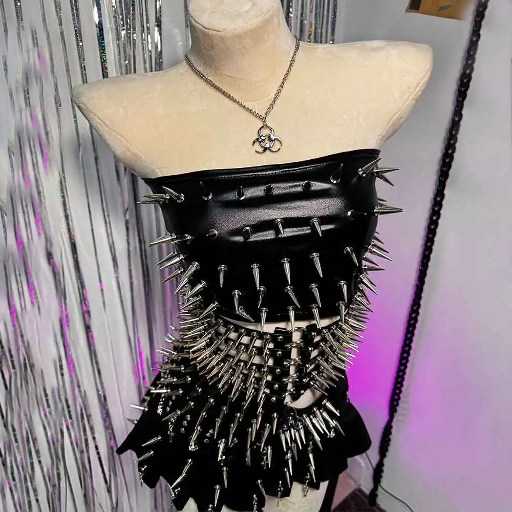 Grunge Club Wear Hand Made Goth Cummerbunds Harajuku Y2K  TOPS Skirts Spike Studded Rivet E-Girls Punk Rock Gothic Emo Trendy