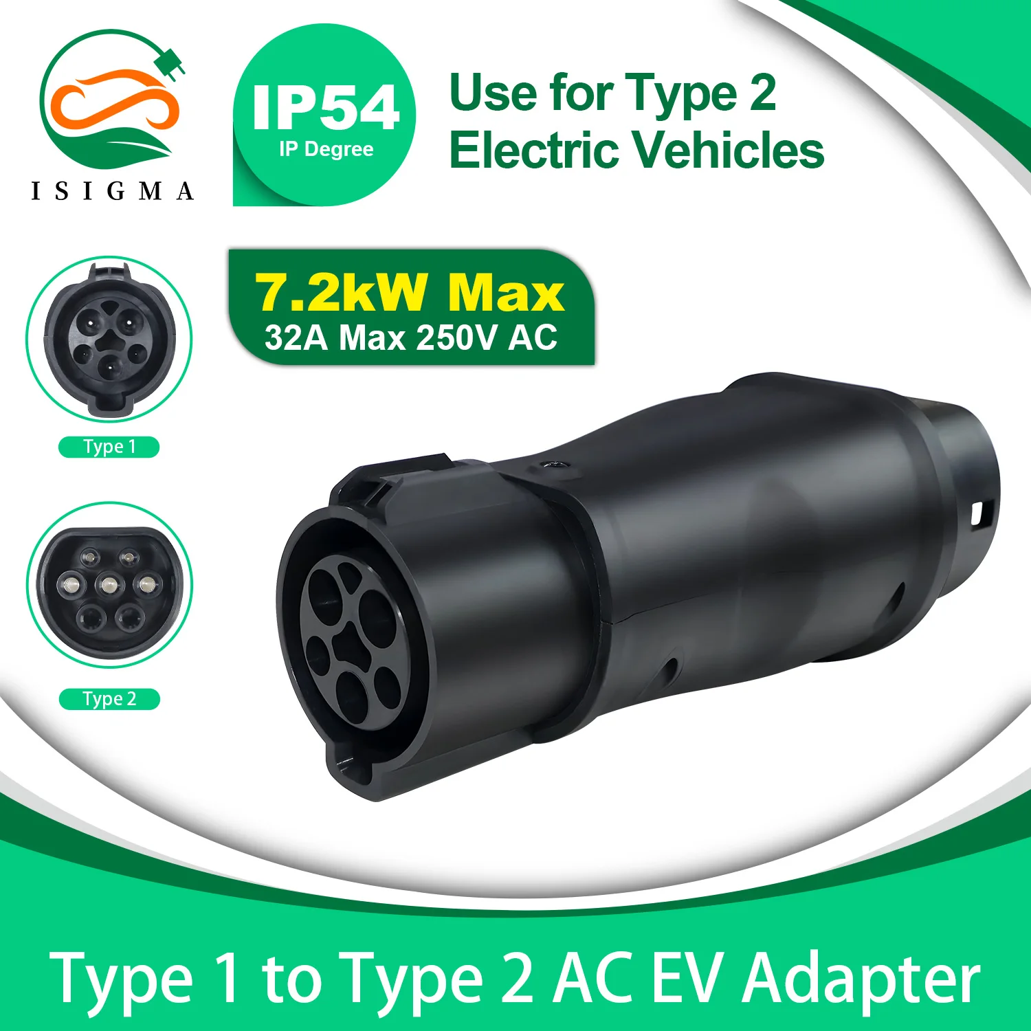 Isigma 7.2KW 32A 1P Type 1 To Type 2 EV Charger Adaptor SAE J1772  Adaptor Car Charging For Electric Vehicle Connector