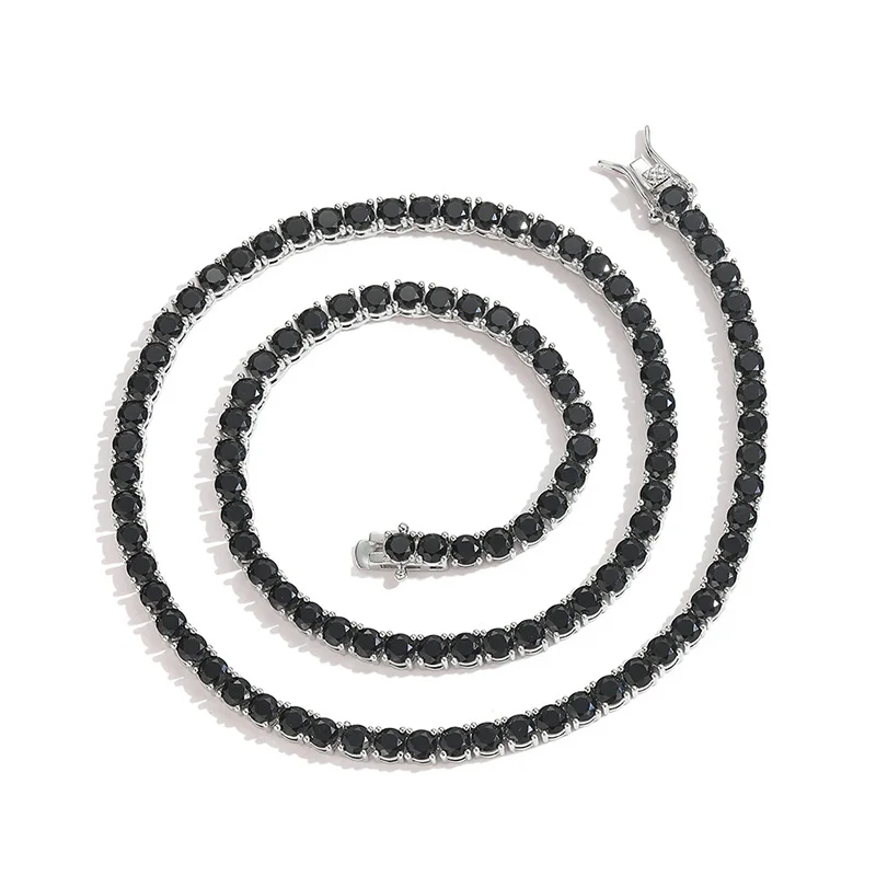Hip Hop Black CZ Stone Paved Bling Iced Out 1 Row Tennis Link Chain Chokers Necklaces for Men Women Unisex Rapper Jewelry