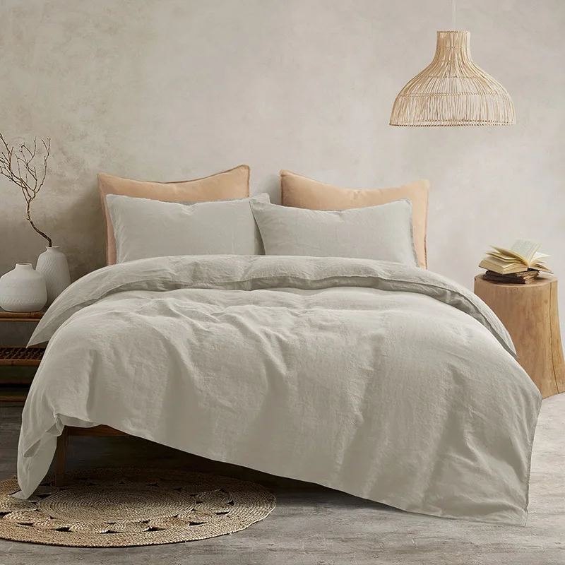 

Nordic Style Water-washed Cotton and Linen Four-piece Set, Summer Simple Solid Color Button Duvet Cover and Bed Sheet Bedding