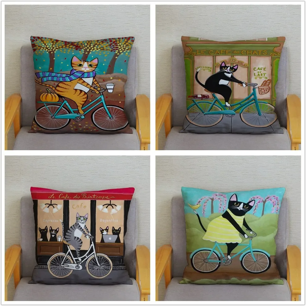 Cartoon Cycling Cat Print Cushion Cover Super Soft Pillowcase 45x45  Home Decor Short plush material