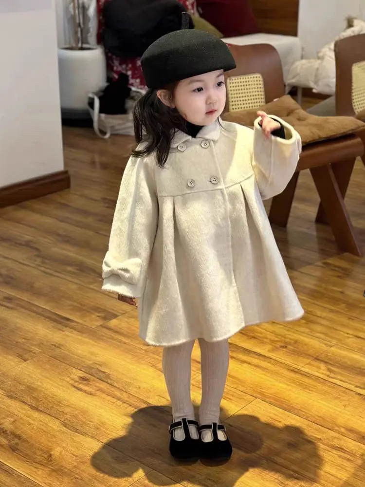 2-10Years Toddler Baby Woolen Jackets for Girls Beige Turn Down Collar Dress Jacket Infant Kids Outwear Coat 3 4 5 6 7 8 9