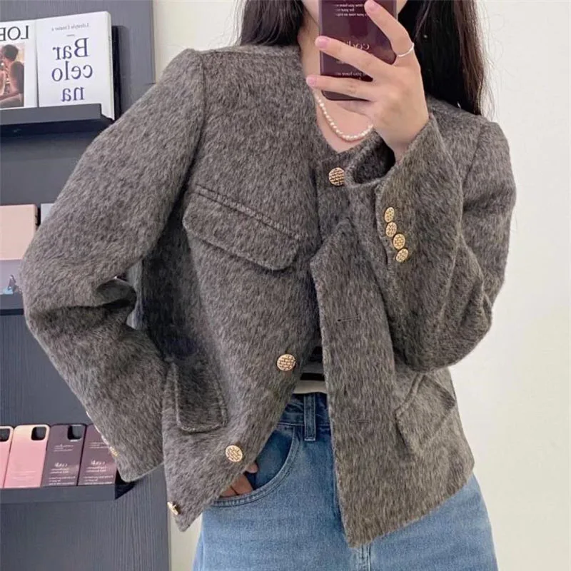 

2024 New Autumn Winter Wool Jacket Ladies Short Xiaoxiangfeng Cashmere Woolen Coat Women's Little Outerwear Round Neck Tops Tide