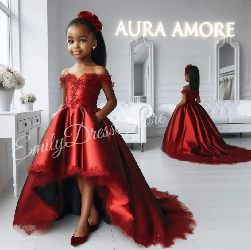 

Красное платье с цветочным узором для девочек по индивидуальному заказу на свадьбу, атласное кружевное платье с открытыми плечами, детское бальное платье подружки невесты на день рождения, для первого причастия