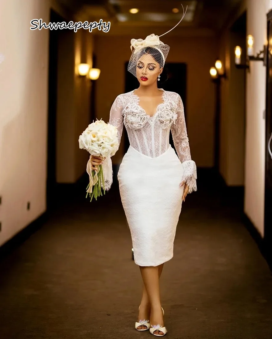 

Elegant Aso Ebi Lace Sheath Wedding Dress Tea-Length Bridal Gown Flare Sleeves V-Neck Corset Customized