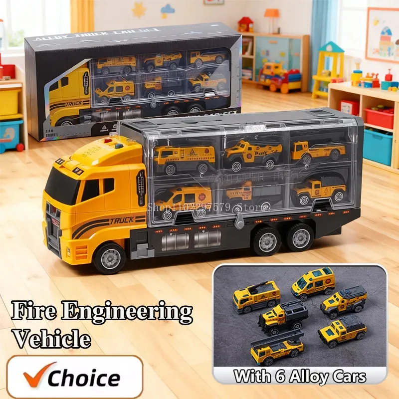 مجموعة ألعاب سيارات شاحنة مكافحة الحرائق للأطفال الأولاد مع 6 مركبات مصنوعة من خليط معدني للأطفال، مناسبة كهدية عيد ميلاد للأطفال