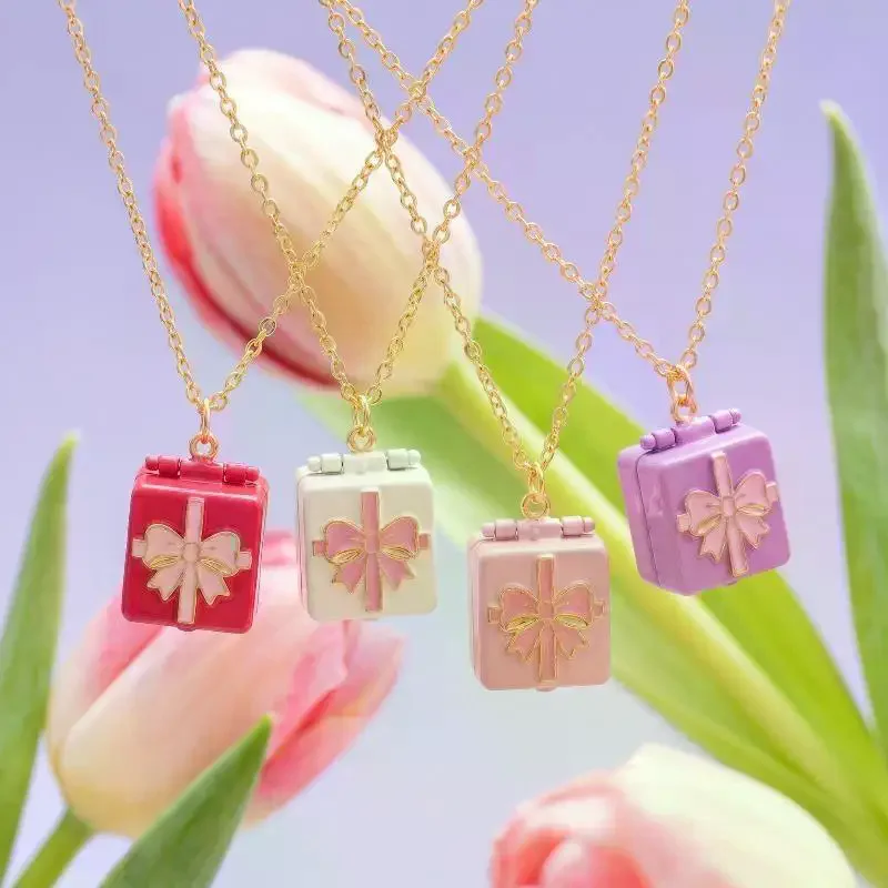 Opening And Closing Square Pendant Necklace New Bedroom Girl's Kitchen Miniature Cabin Scene Necklace Colorful Bow Necklace