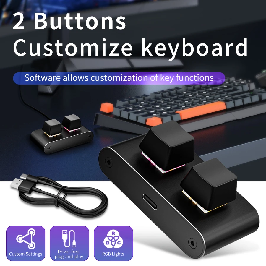 2 Key Macro Keypad Programmable Mini Mechanical Keyboard RGB USB C Plug and Play for Gaming Office Windows Mac Linux