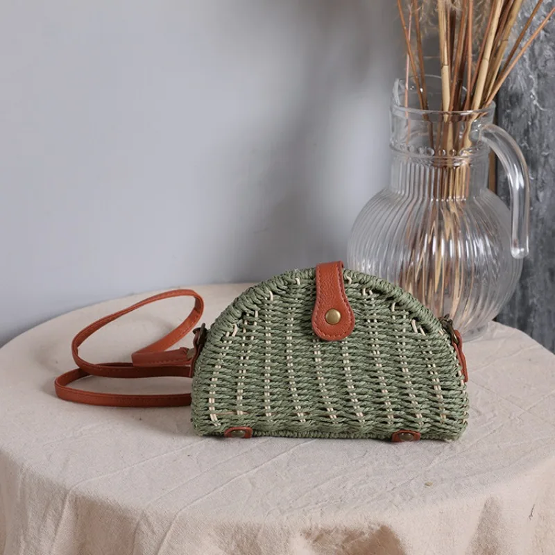 Bolso de playa tejido con tapa para mujer, bolsa cruzada de paja, tipo concha, novedad