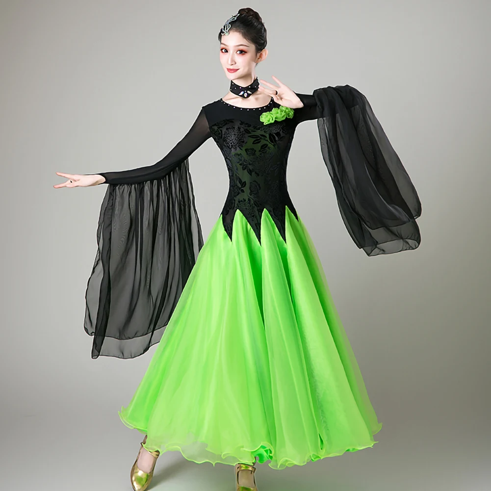 

Elegant Stage Costume Stereoscopic Flower Waltz dress high quality Big Skirt Practice Long Sleeve Competition Dress Orange