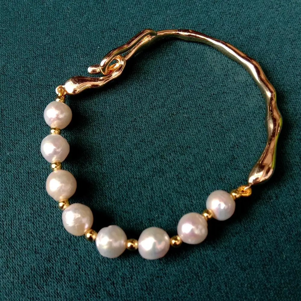 KKGEM Bracelet en perles de culture d'eau douce blanches de 7-8 mm, bracelet en perles naturelles plaqué or
