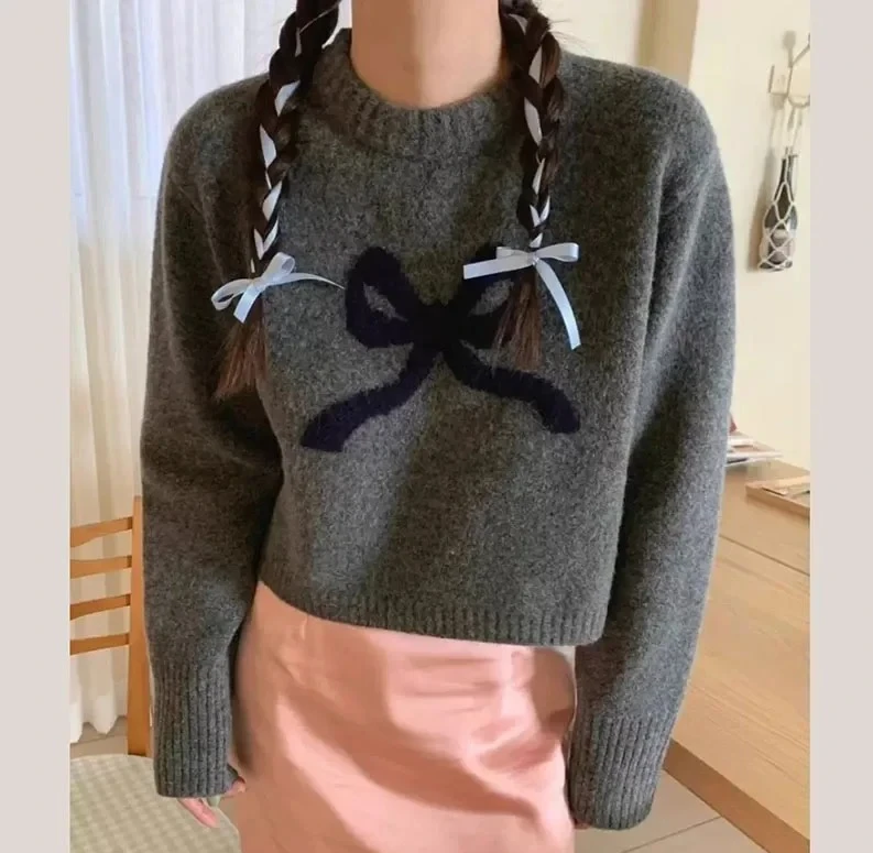 

Милые вязаные свитера с бантом, женские милые пуловеры с корейским вырезом и длинными рукавами, осенние свободные винтажные женские джемперы в консервативном стиле
