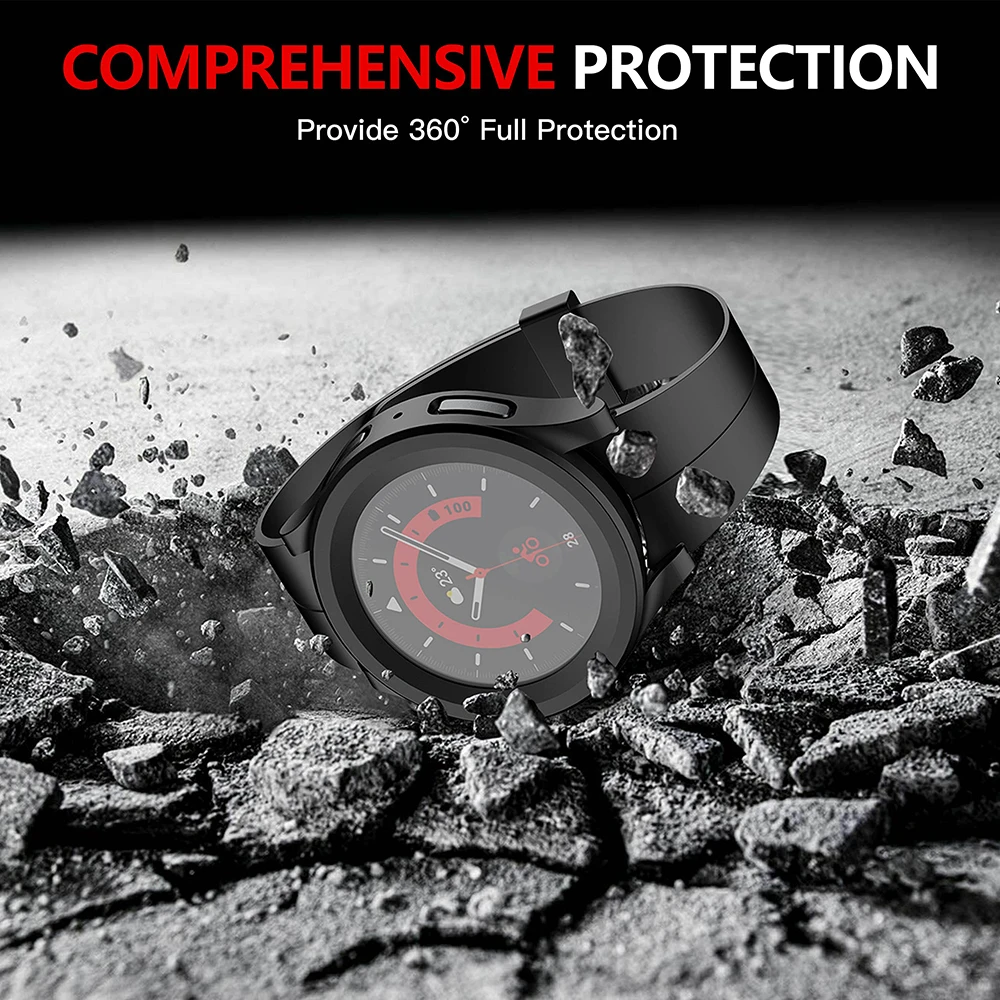 เคส PC แบบแข็งพร้อมกระจกนิรภัยป้องกันหน้าจอสำหรับ Samsung Galaxy Watch 5 Pro 45มม. ฝาครอบป้องกันรอยขีดข่วน