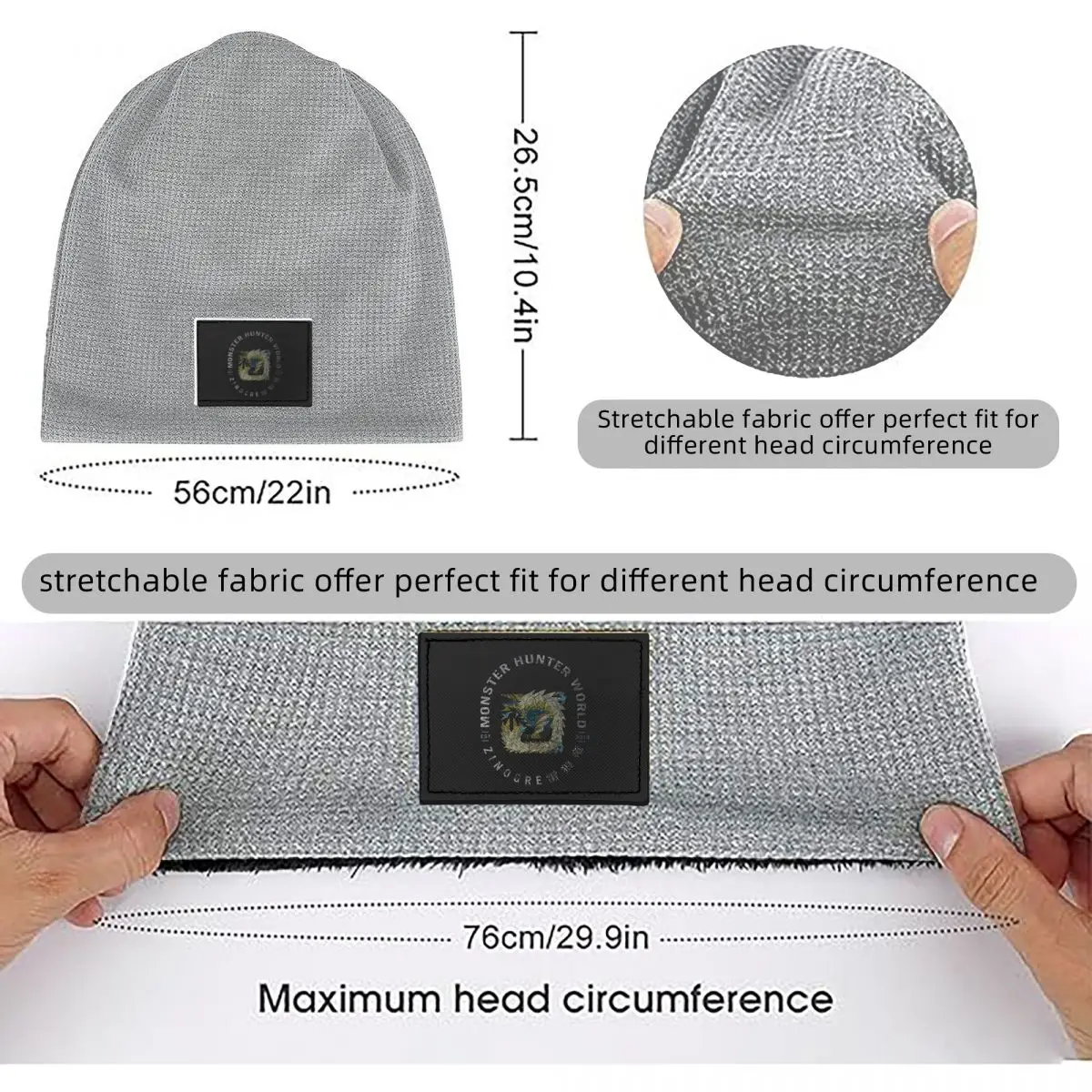 Monster Hunter Vintage Zinogre Waffle Knit Fleece Lined Beanie with PU Leather Patch Unisex Warm Winter Soft Cap