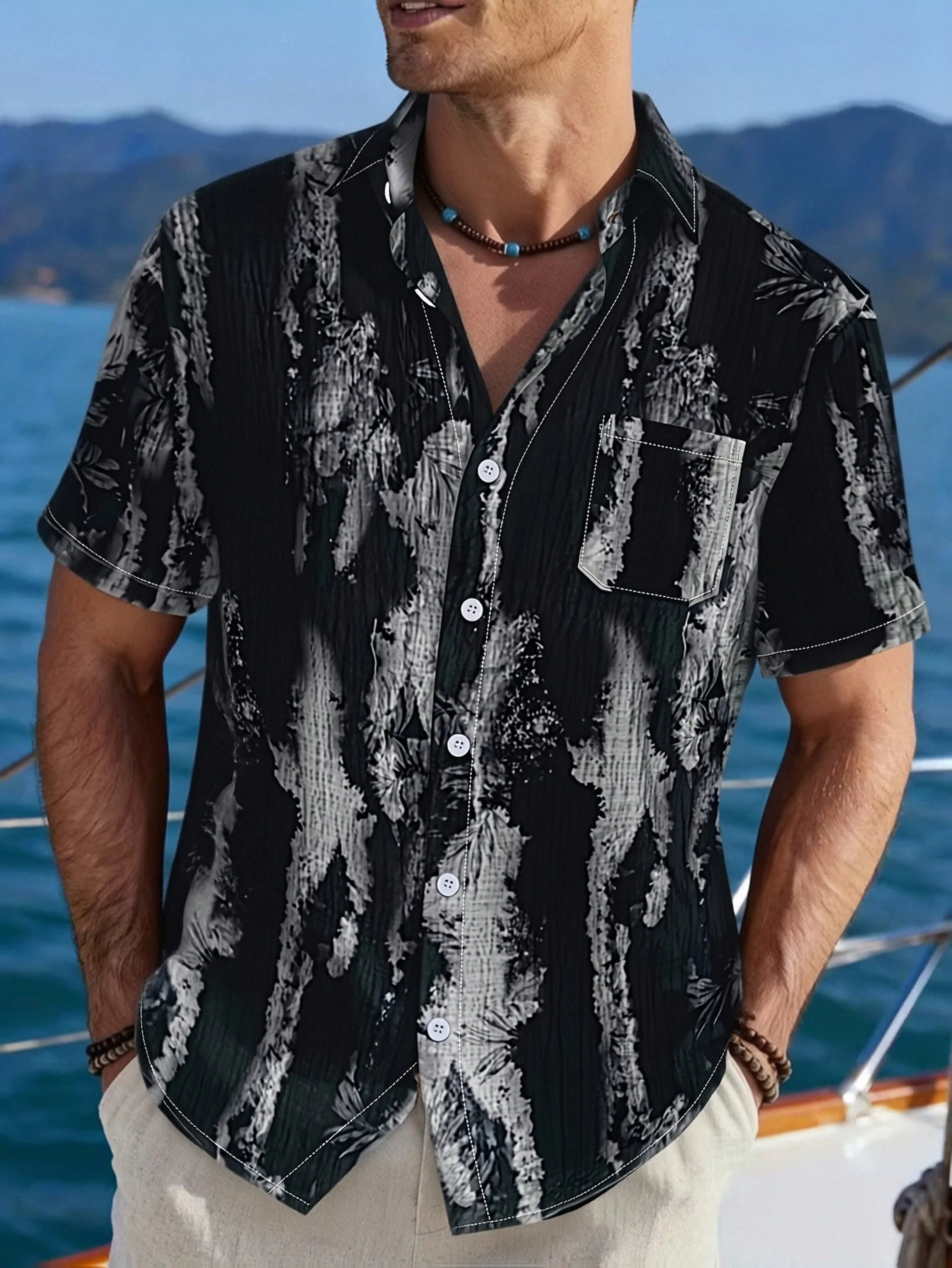 Summer Lightweight Tie-dye Short-sleeve Mens Shirt Outdoor Camo Tree Bark Texture Print Loose Vacation Lapel Tops Men Clothes