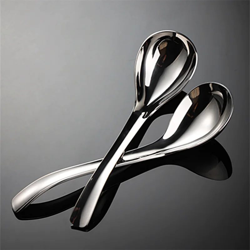 Large Head Stainless Steel Soup Spoon Deep Curved Rice Spoon Home Public Hot Pot Scoops Chinese Food Tableware Mirror Polishing