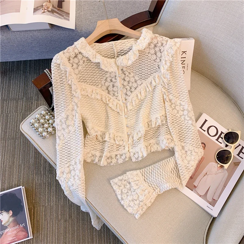 Elegant Lace Shirt Small Fragrance Embroidery Flared Sleeves Sexy Slightly Transparent Flounce Edge Splicing Cardigan Tops Women