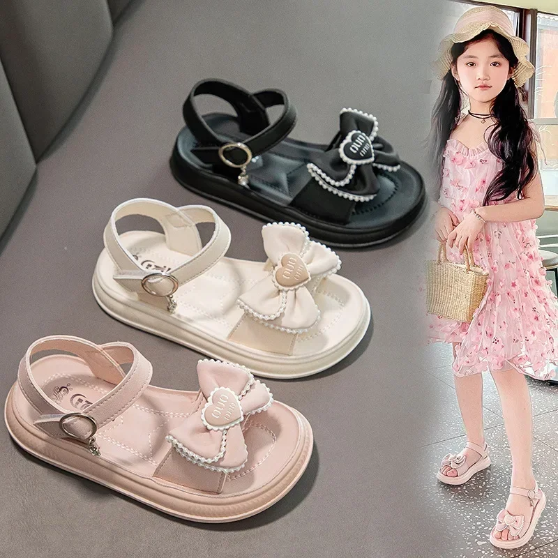 

Новинка 2023 года, летние радужные тапочки, сандалии на высоком каблуке для маленьких девочек, детская летняя обувь с бантитом, уличные сандалии на плоской подошве