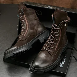 Luxury Vintage Men Motorcycle Boots Genuine Leather Lace-up Ankle Outdoor Work Shoes Anti-slip Wear-resistant