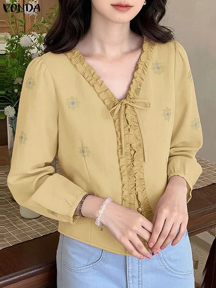 

VONDA Women Blouse Sexy V-Neck Casual Floral Print Shirts Loose Bohemian Ruffled Bandage Loose Elegant Office Lady Tunic Tops