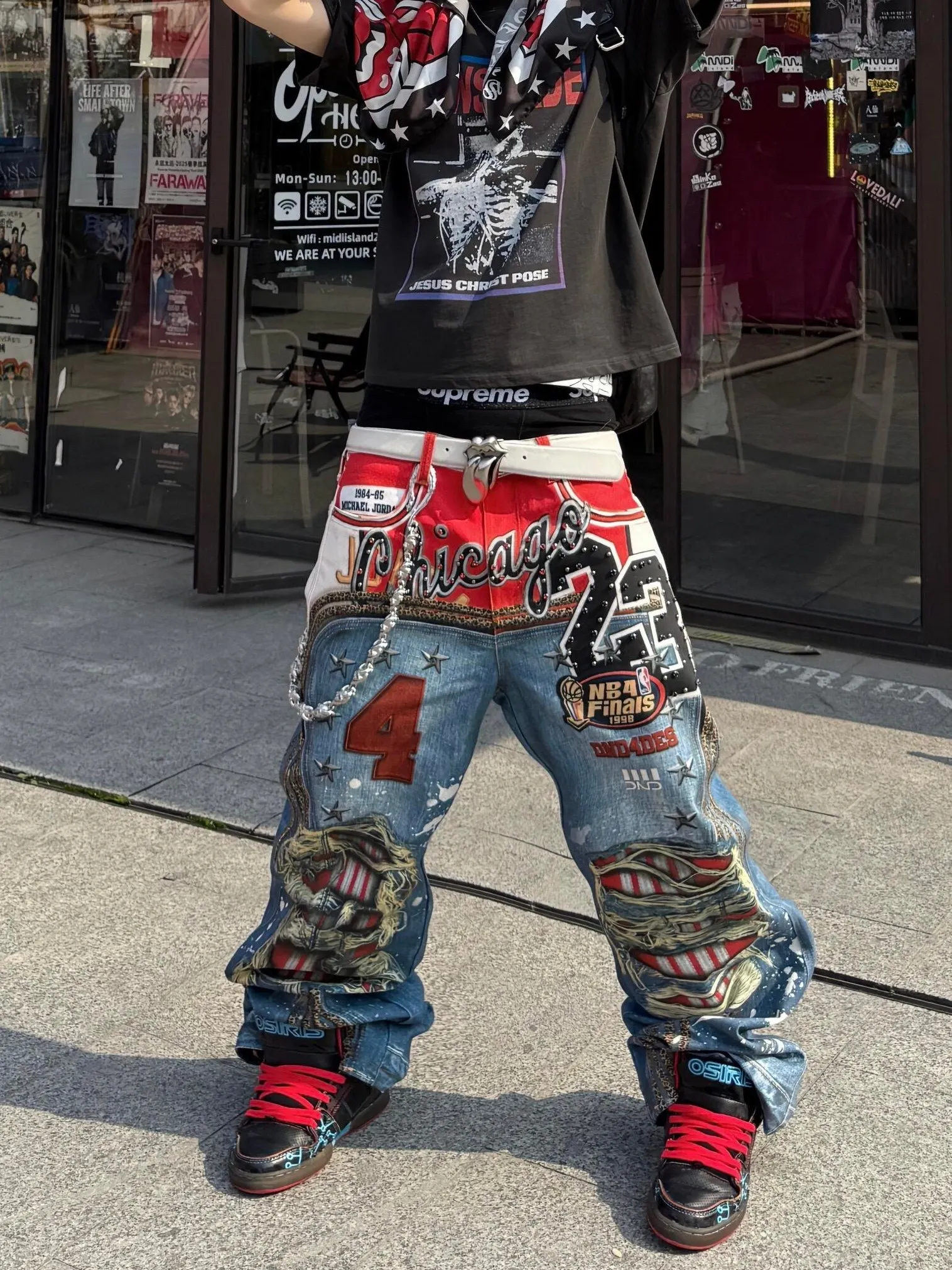 American Streetwear Hip Hop Leopard Print 3D Printed Loose Wide Leg Jeans Men's Straight Leg Long Trousers Fashion Design