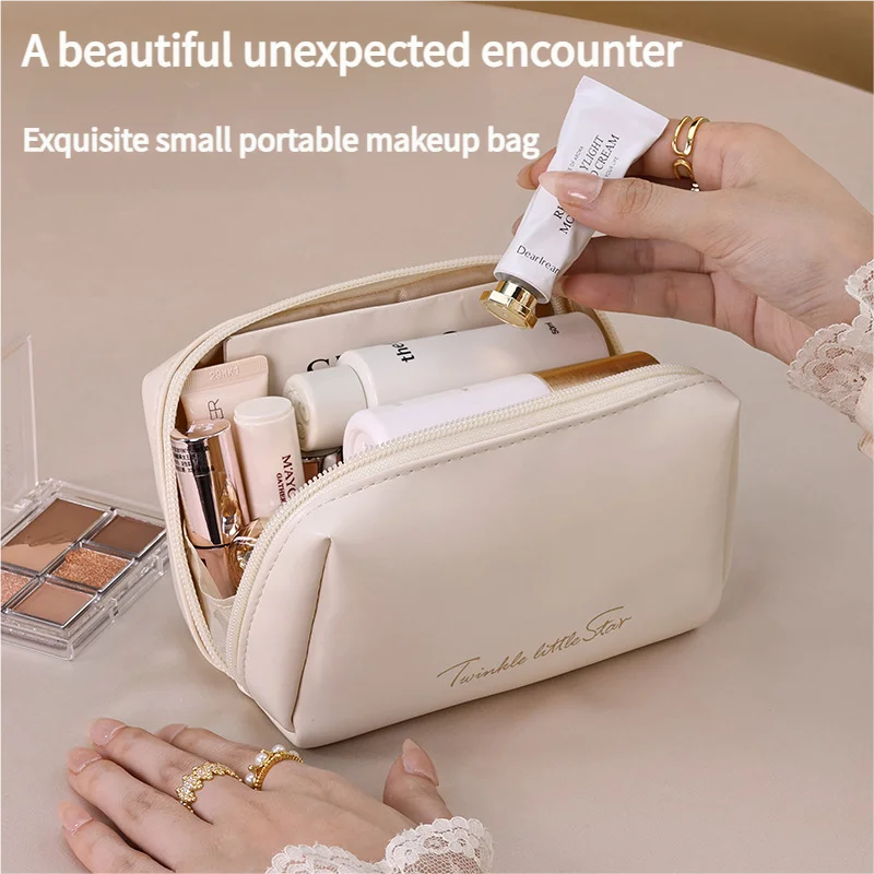 Portable High-End Makeup PU  Cosmetic Pouch, Travel Toiletry Organizer with Multi-Layer Design, Lipstick & Skincare Storage