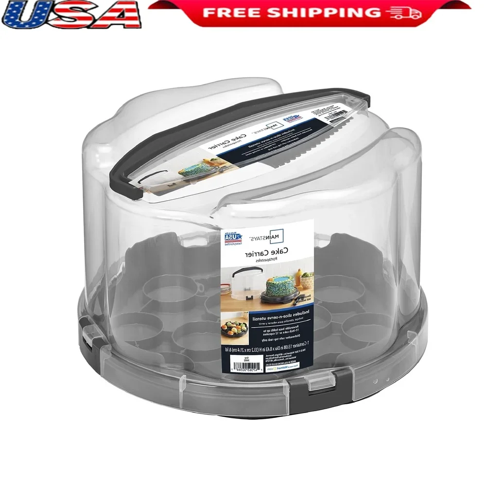 

Round Cake and Cupcake Carrier with Gray Handle Slice and Serve Utensil Ideal Transporting and Displaying Baked Treats