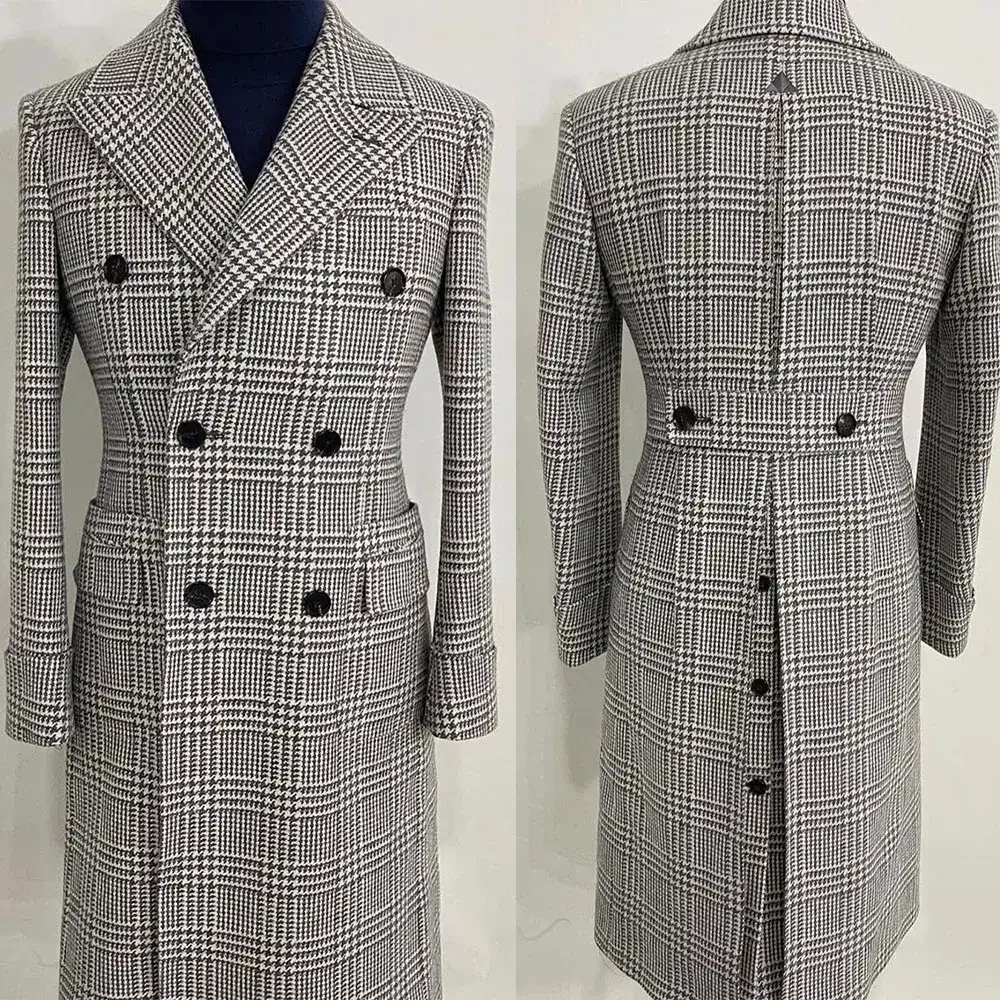 Plaid England Style Woolen Overcoat Men's Thick Plus Double-Breasted Long Coat Casual Winter Fashion Warm Jacket