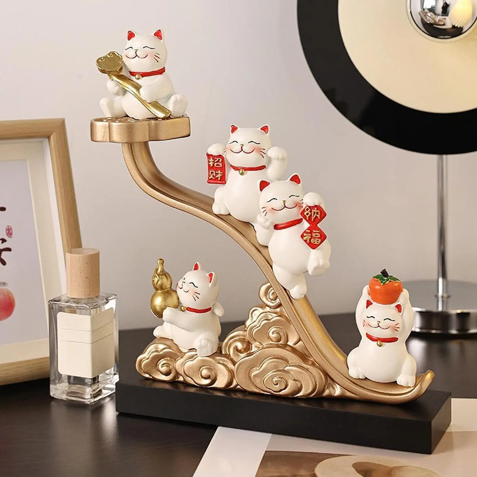 

Fortune Cat Figurine Ornament Decoration Five Blessings Lucky Cat Statue for Dining Room Car Dashboard Bedroom Office Studio