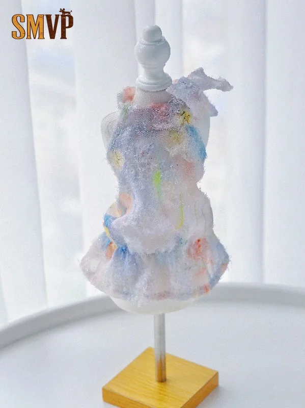 Dreamy Pastel Floral Fuzzy Fringe Pet Tiered Dress Sleeveless Summer Daily Party Dress Breathable Light Clothes for Small Pets