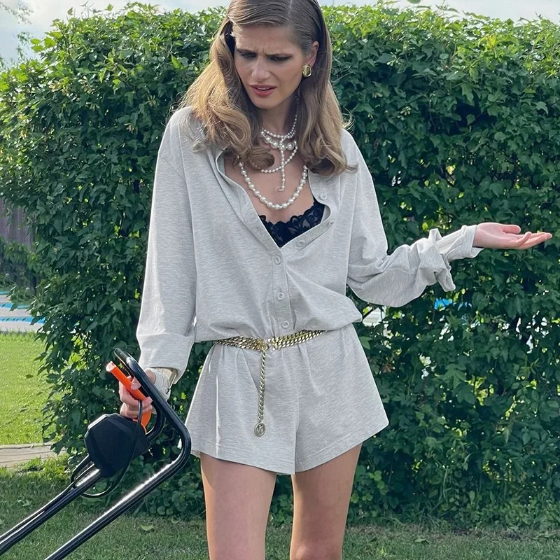 Solid Lapel Jumpsuits For Women Single Breasted Long Sleeves High Waist Shorts Jumpsuits Female Office Lady Jumpsuits