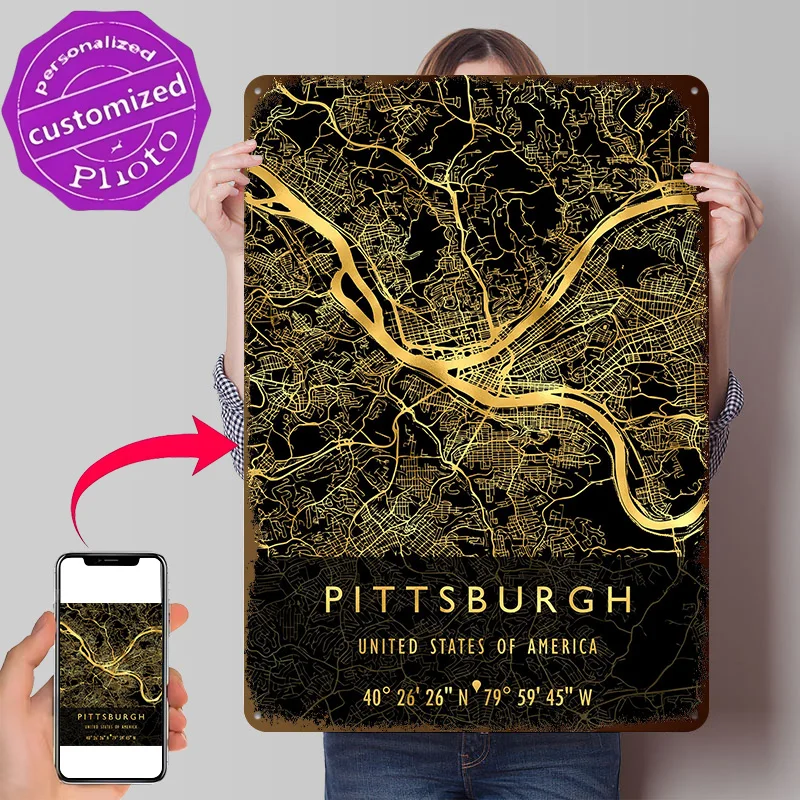 PITTSBURGH MAP USA 3D Printed Texture Poster Personalized Wall Art Retro Metal Tin Signs for Living Room Decorations Desk Decor