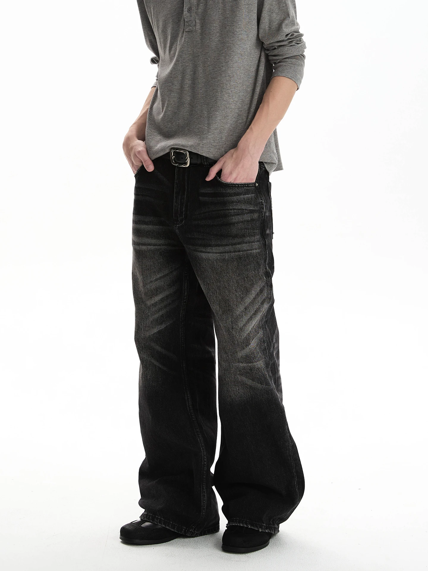 Oalin Jeans Americano Retrô Lavado com Textura de Arranhões de Gato, Calça Longa de Perna Reta Solta, Unissex, Jeans Vintage ...