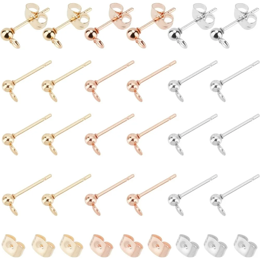 60pcs 3 Colors 3mm Ball Stud Earrings Stainless Steel Earring Post Ear Stud with Earring Backs for Jewellery Making Pin 0.8mm