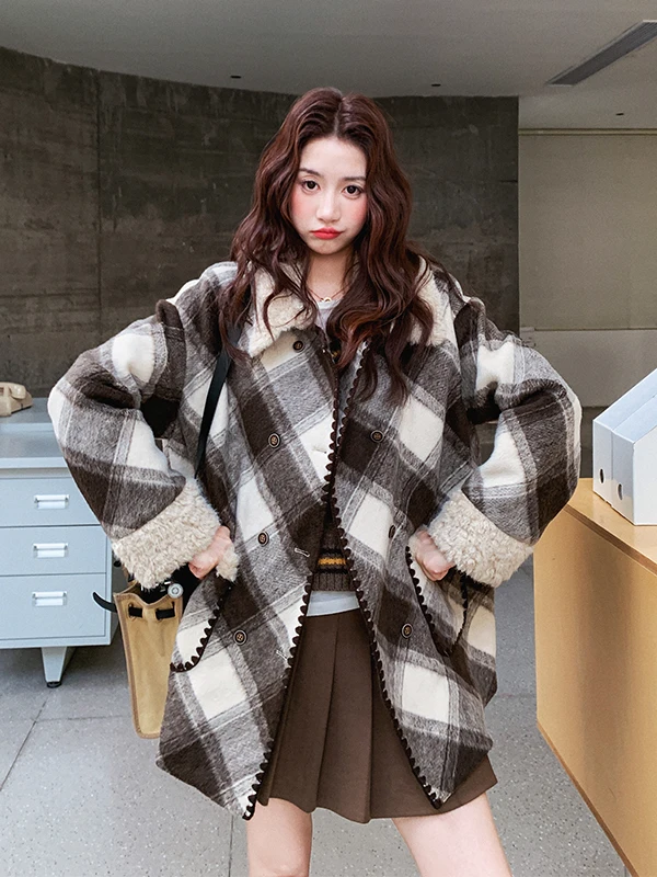 

Женское шерстяное пальто из овечьей шерсти в клетку, утепленное, осенне-зимнее, в корейском стиле, для повседневной носки, прямого кроя, с длинными рукавами, двубортное.