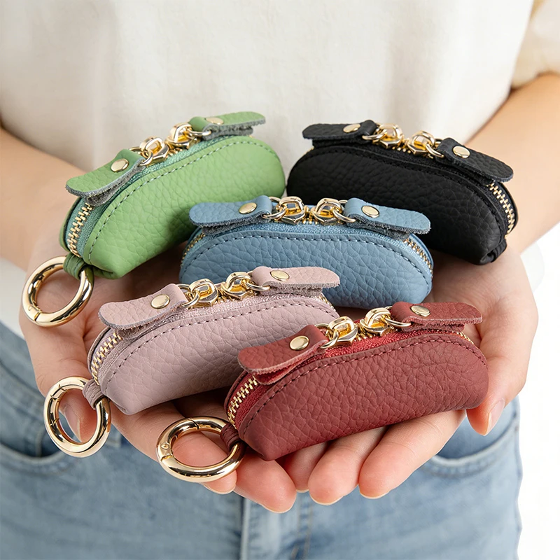 Portable Genuine Leather Zipper Change Pouch Mini Coin Purse Key Ring Small Wallet Women Pocket Money Storage Bag