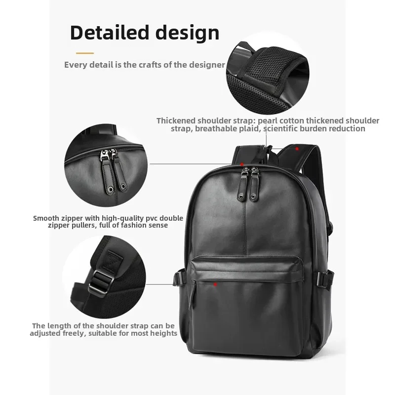 

Leather Black Men Women Backpack Large Capacity Travel Bag College Student Backpacks Casual Trendy Computer Bag Four Seasons