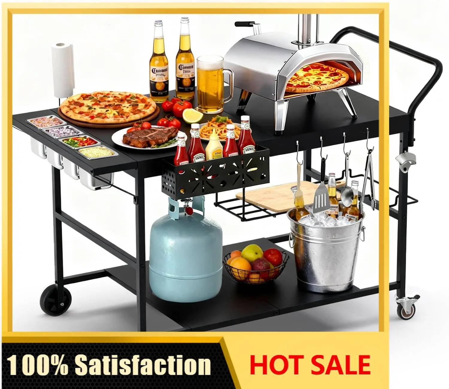 Pizza Oven Table with Topping Station, Outdoor Pizza Oven Cart, Grill Cart Table for Blackstone Griddle, Pizza Prep Station with