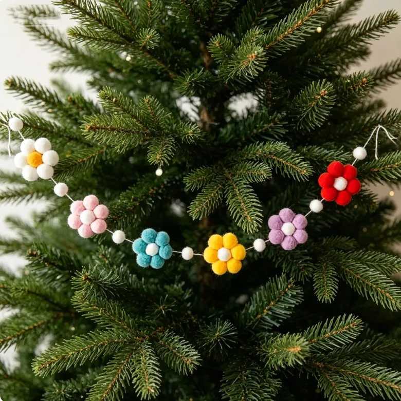 Nordic Style Handmade Pom-Pom Colorful Daisy Flower Garland for Decoration, Shelf Decoration, Wall Hanging Pom-Pom Pink Daisy Wreath, Holiday, Christmas, Wedding, Thanksgiving, Wall Decoration Garland, Tent Curtain Dec