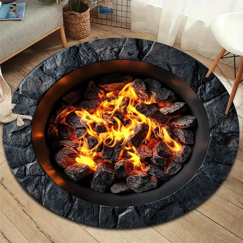 3D Flame Illusion Masterpiece Circular Carpet Stove Design Stunning Optical Illusion Carpet Appearance Cracked Floor Mat