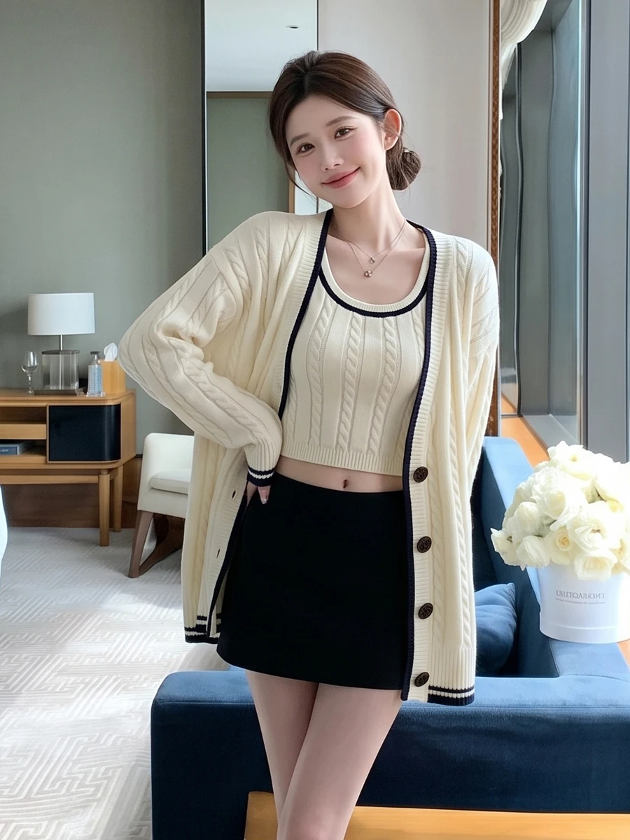 Korean Lazy Style Knitted Set Short Sleeve Long Sleeve U-Neck Color Block Sweater And Vest Two-Piece Suite Casual Fashion