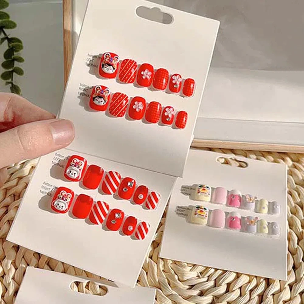 12Pcs/set Lion Dance Children New Year False Nails Red Pink Color Short Square Shaped Kids Cartoon Fake Nails Nail Accessories