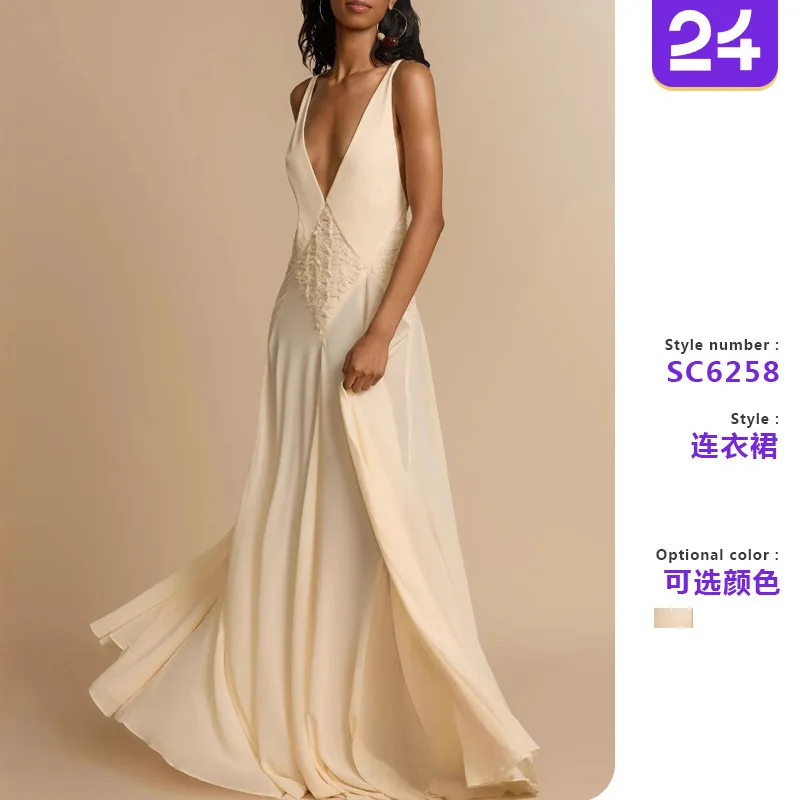 2025 verão feminino elegante vestido sem costas moda maxi vestido minimalista recorte retalhos renda camisola cor sólida
